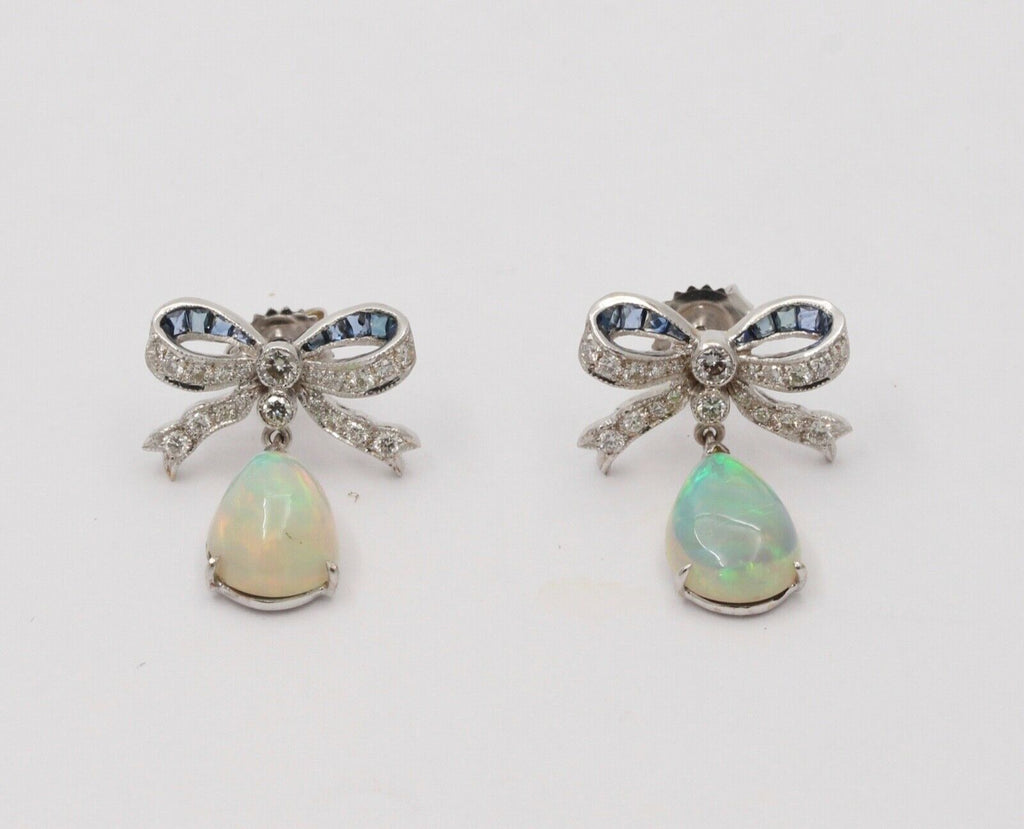 Vintage Estate Bow Opal, Diamond & Sapphire Dangling Earrings.