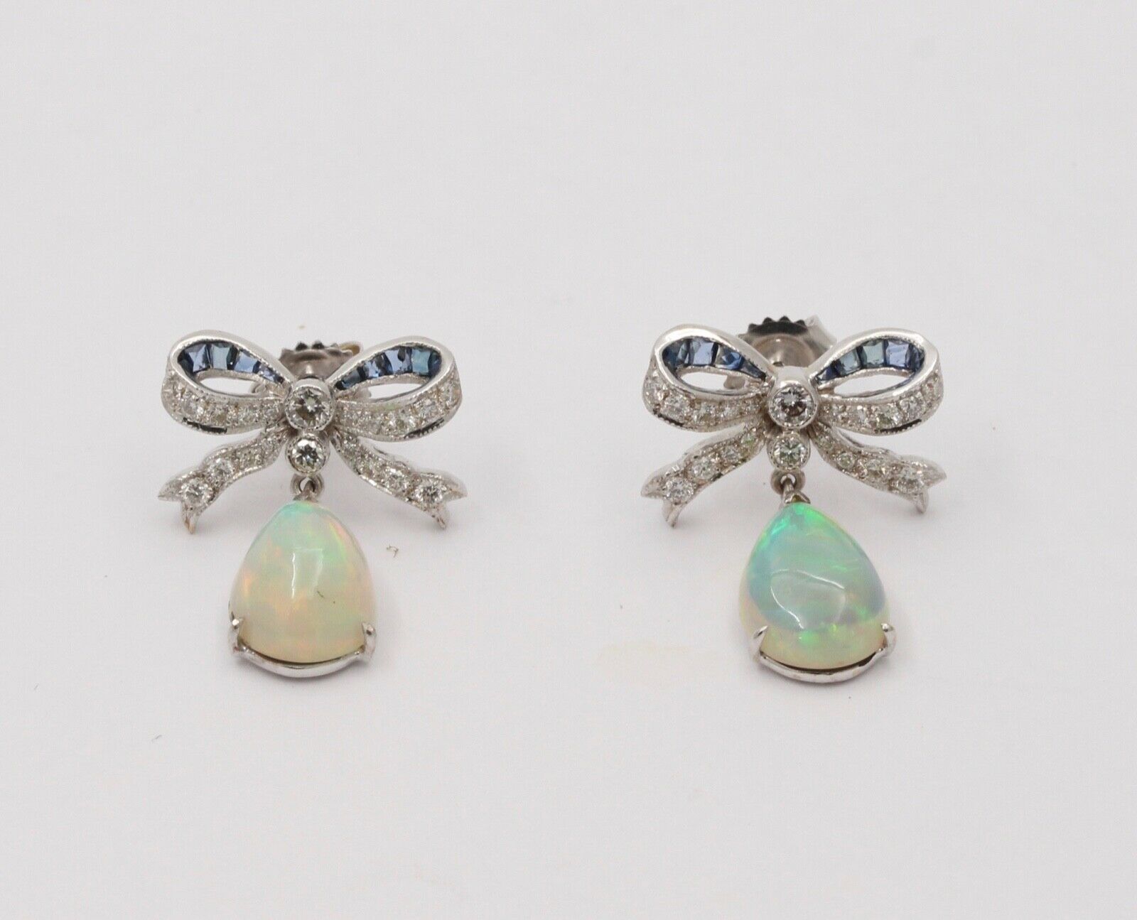 Vintage Estate Bow Opal, Diamond & Sapphire Dangling Earrings.