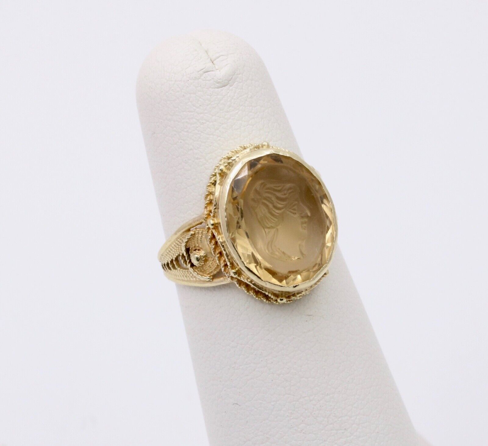 Vintage Carved Portrait Citrine 14K Yellow Gold Ring