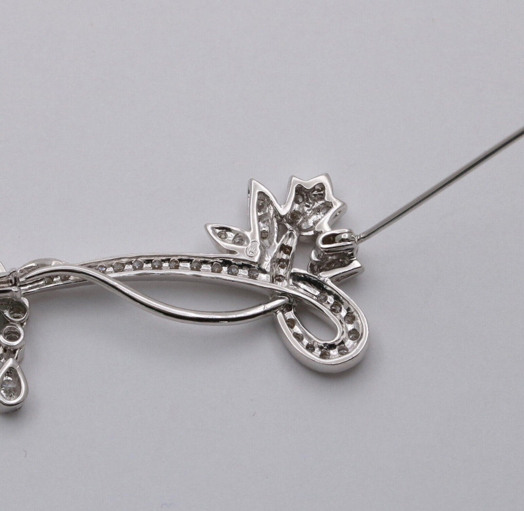Vintage 18K White Gold Flower Diamond Brooch, Pin.
