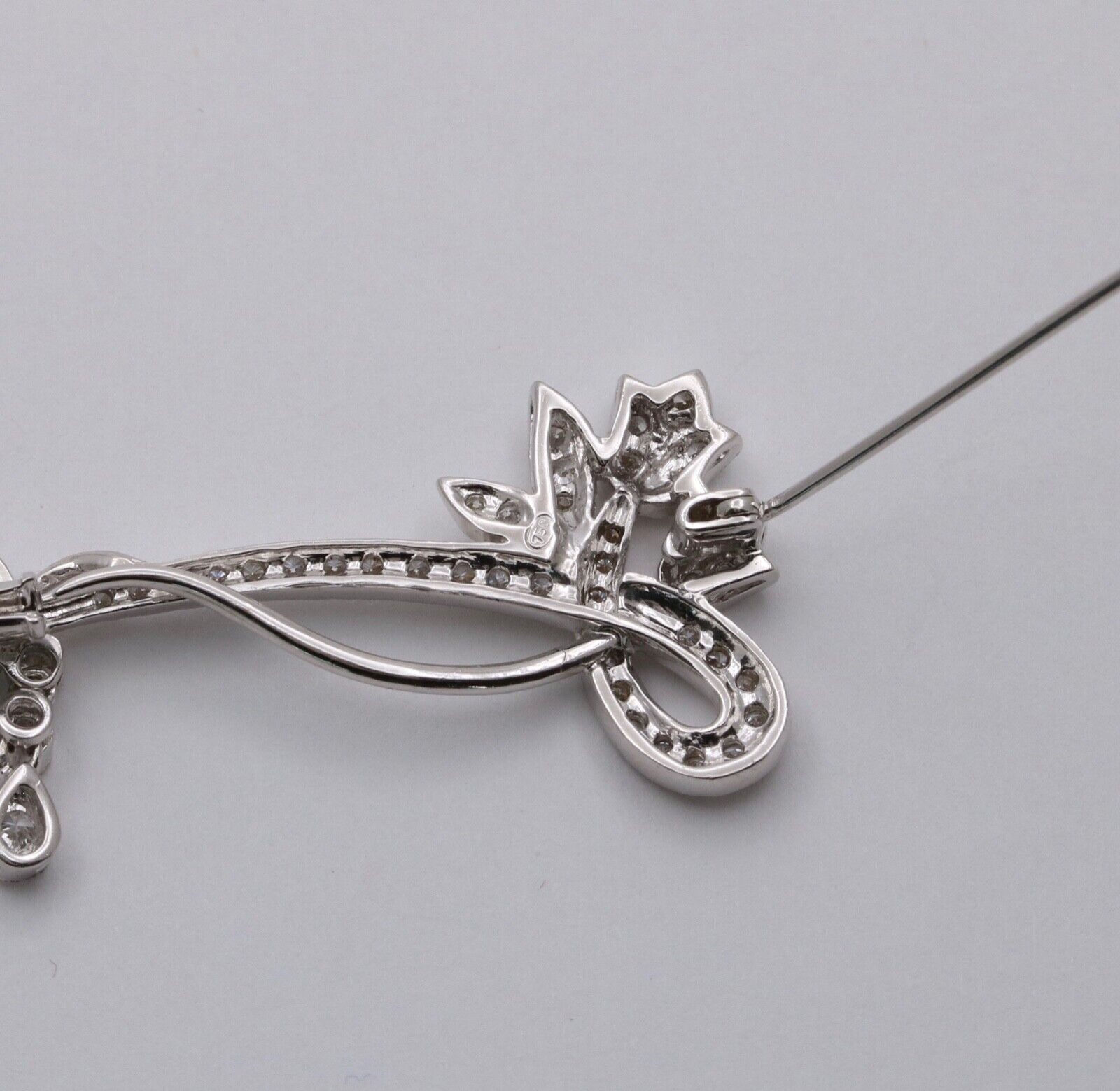 Vintage 18K White Gold Flower Diamond Brooch, Pin.