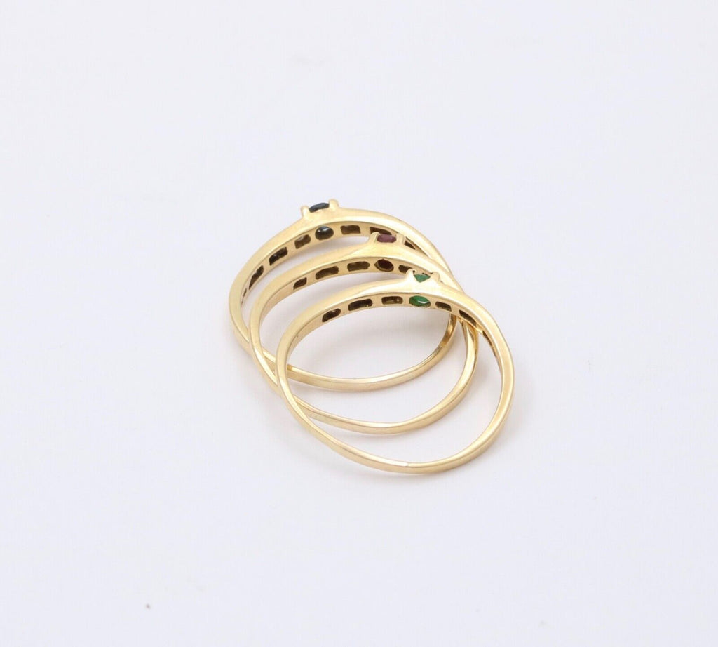 Vintage Trio Stacking Solitaire Emerald Sapphire Ruby 18K Yellow Gold Rings