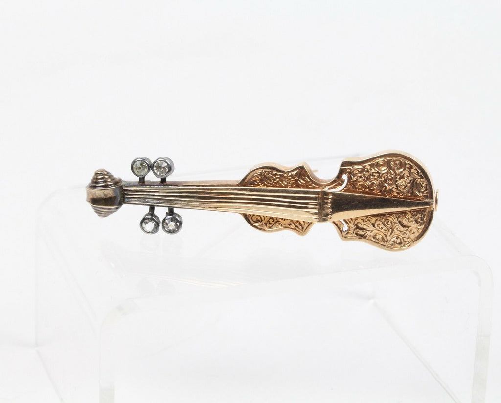 Vintage Violin Brooch Pin 14K Yellow Gold