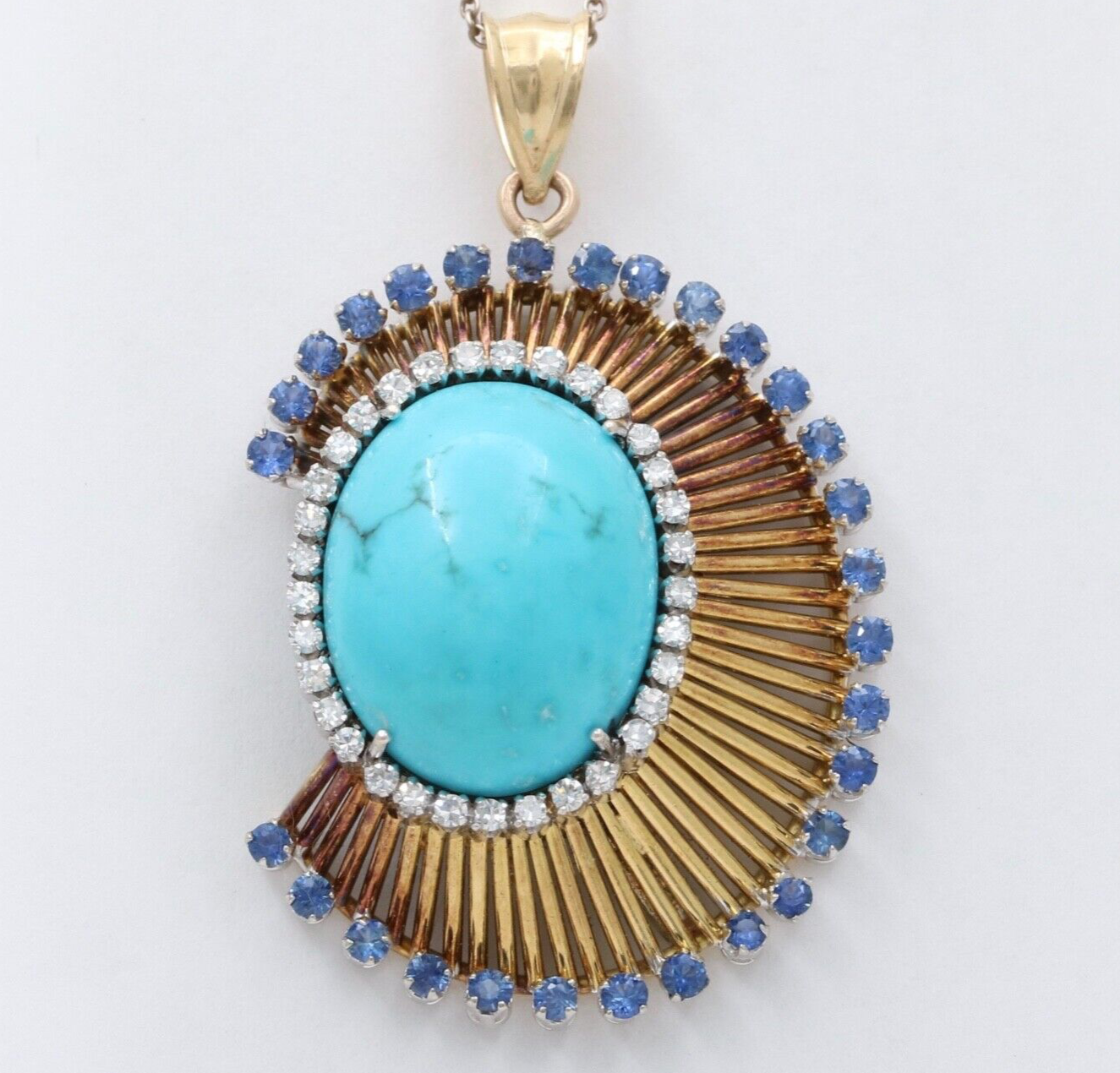 Funky Vintage 18K Yellow Gold Large Turquoise, Sapphire and Diamond Pendant