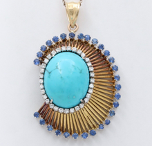 Load image into Gallery viewer, Funky Vintage 18K Yellow Gold Large Turquoise, Sapphire and Diamond Pendant
