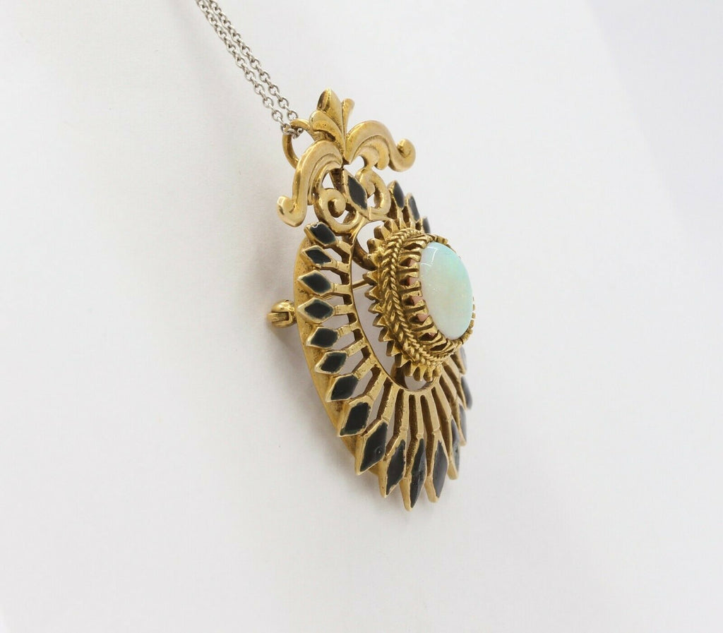 Vintage 14K Yellow Gold Opal Enamel Pendant Brooch