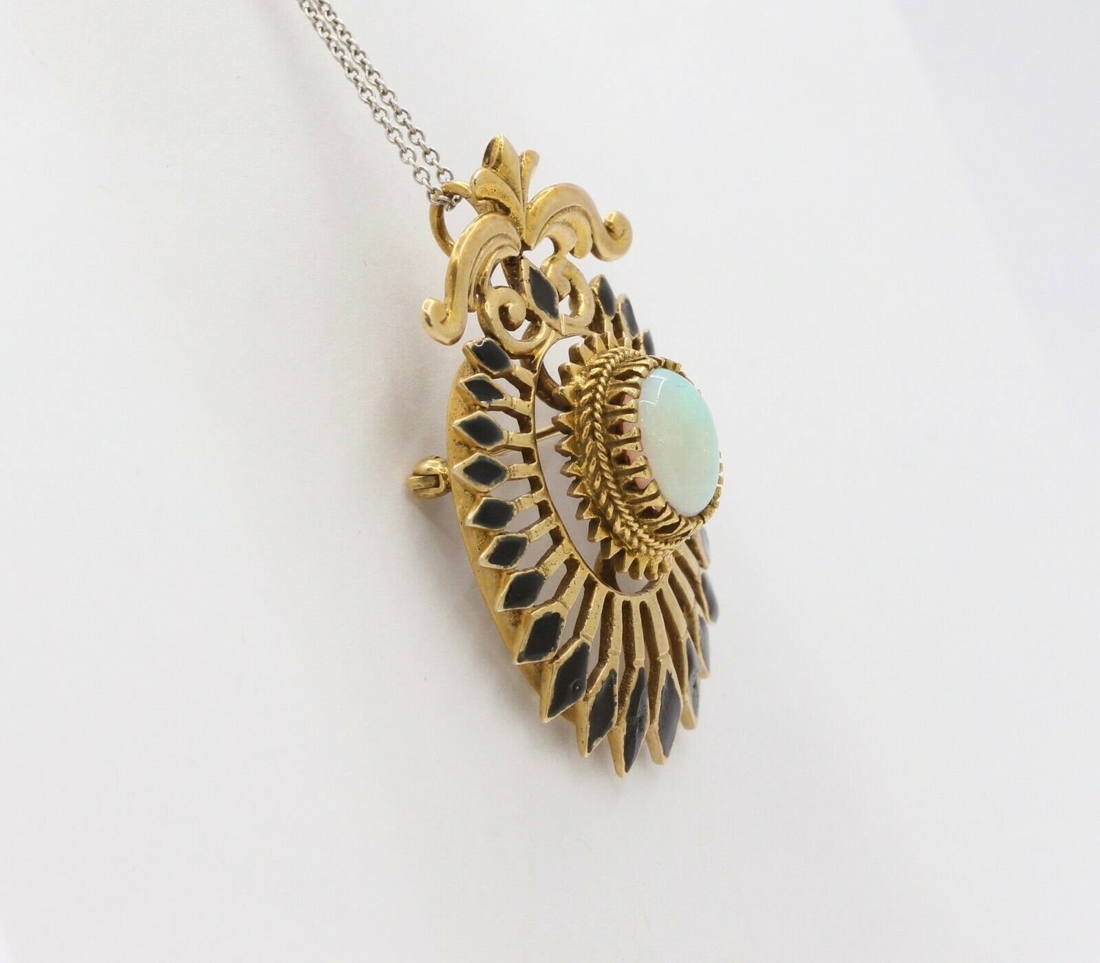 Vintage 14K Yellow Gold Opal Enamel Pendant Brooch