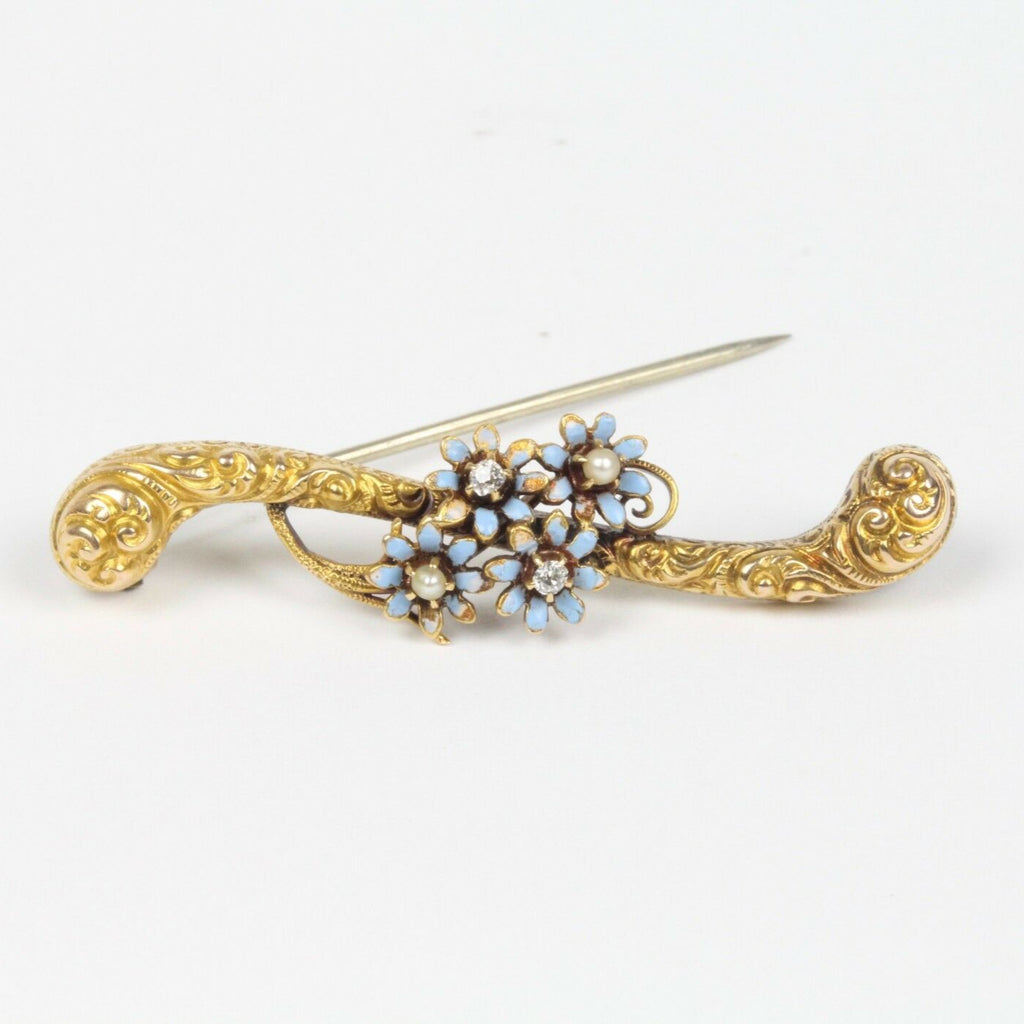Victorian 14K Yellow Gold Enamel Forget Me Not Floral Brooch