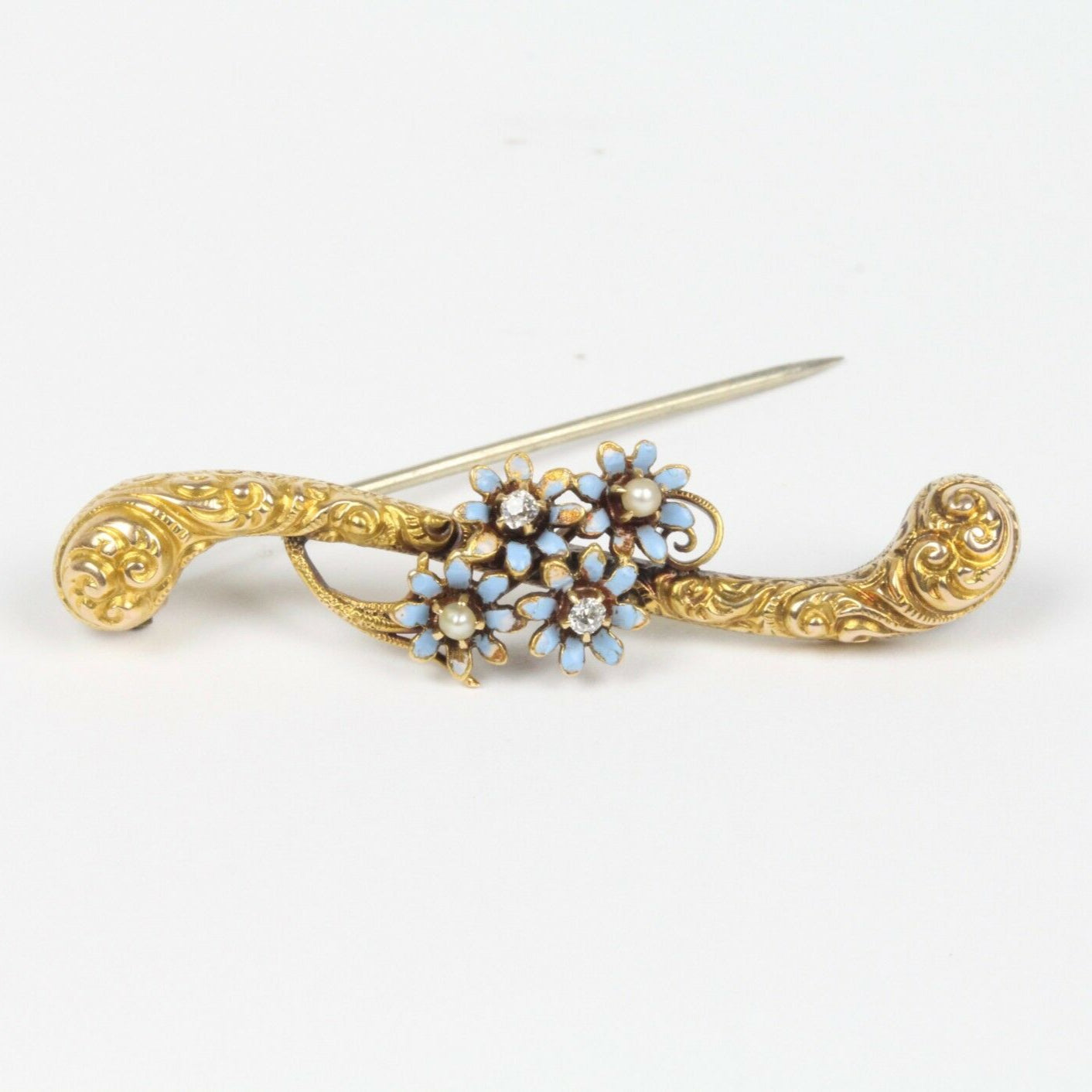 Victorian 14K Yellow Gold Enamel Forget Me Not Floral Brooch