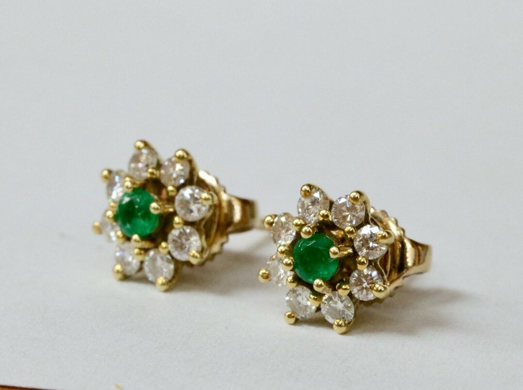 Vintage Ladies Emerald Diamonds 18K Yellow Gold Earrings