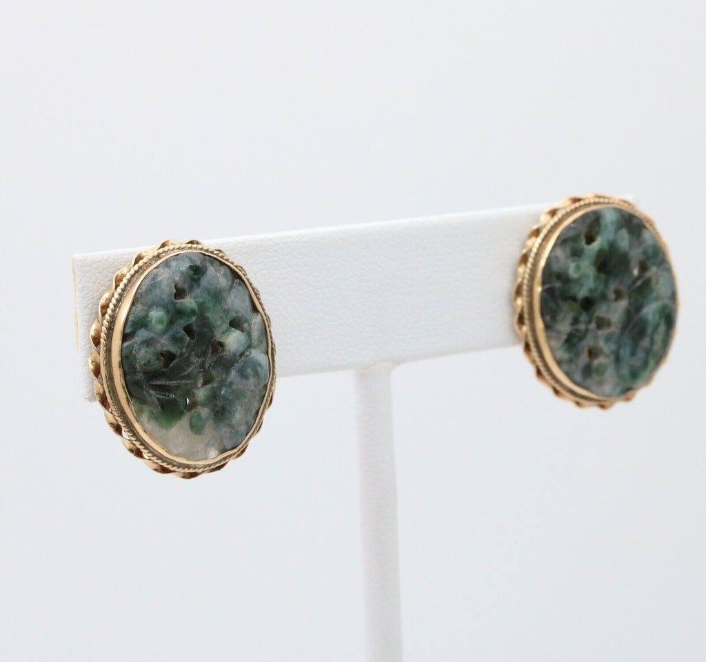 Vintage Carved Jade Flowers 14K Yellow Gold Earrings