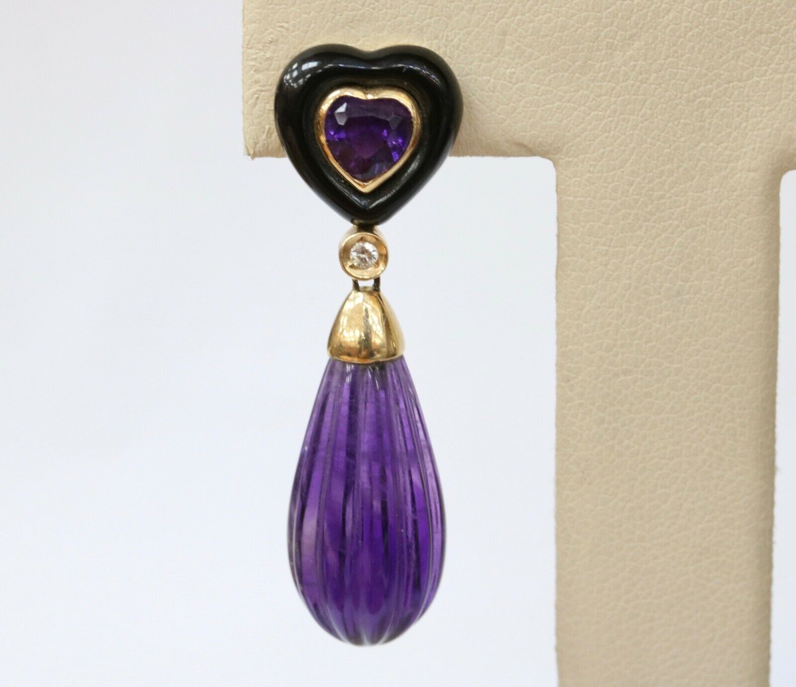 Vintage Bvlgari Style Amethyst Black Onyx Diamonds 14K Yellow Gold Earrings