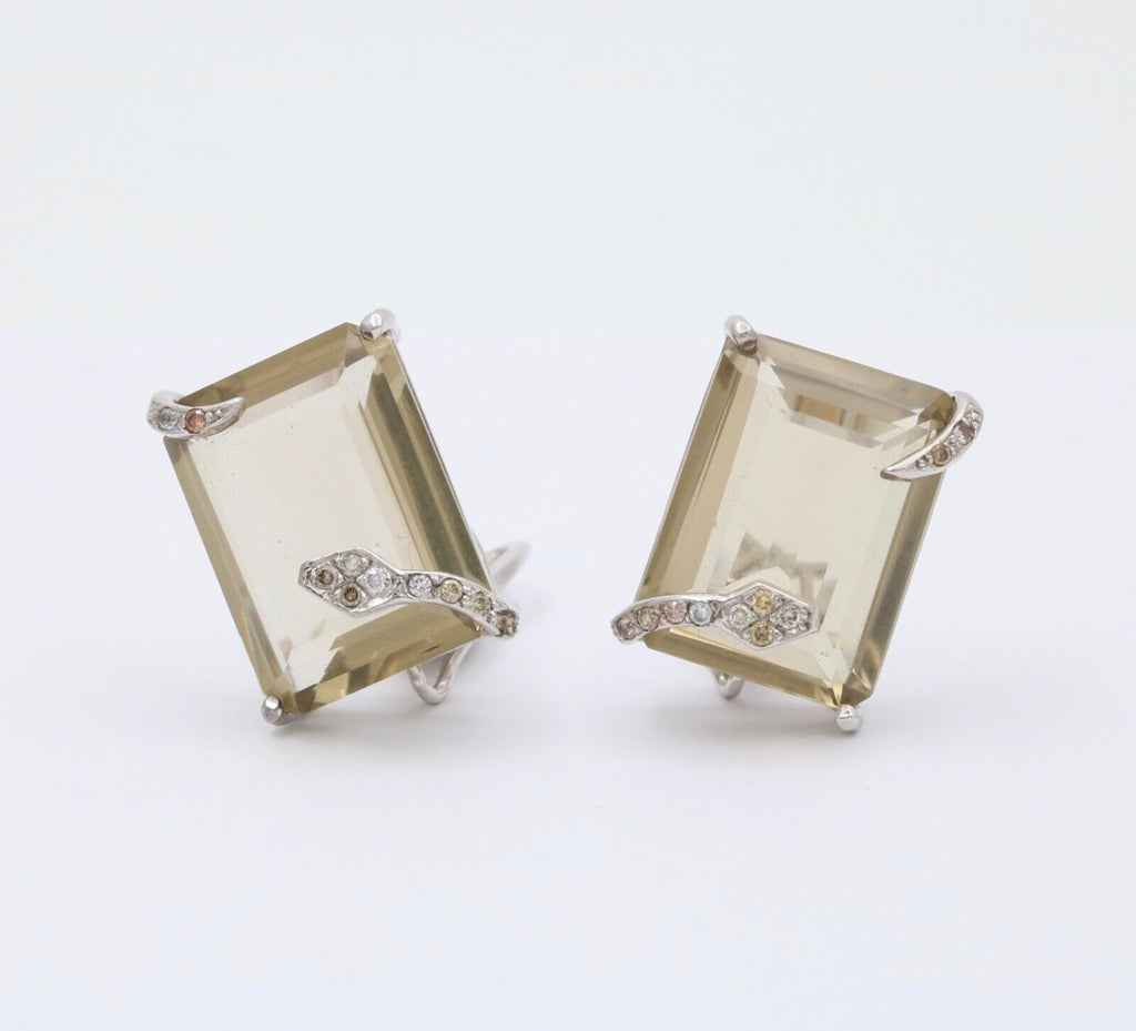Vintage Modernist Snake Topaz and Diamond 18K White Gold Clip On Earrings