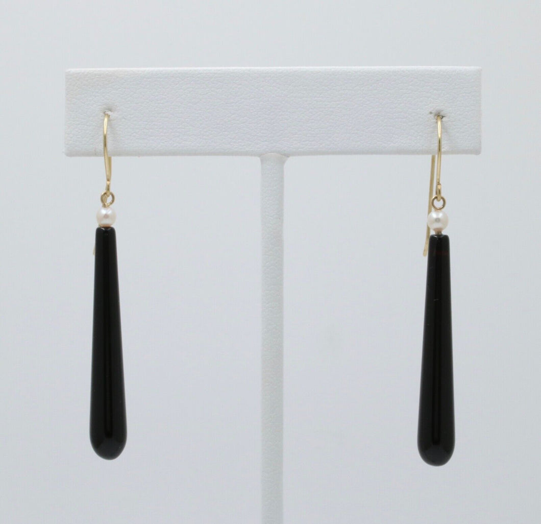 Vintage 14K Gold Onyx & Pearl Monochrome Dangling Earrings.