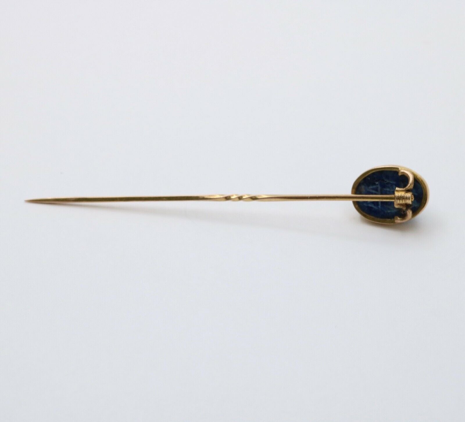 Antique 14K Yellow Gold Egyptian Revival Scarab Sodalite Stick Pin, Lapel Pin