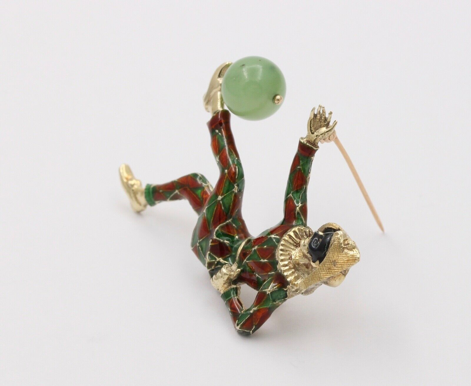 Vintage Unique Enamel Jester With Chrysoprase Ball Brooch, Pin.