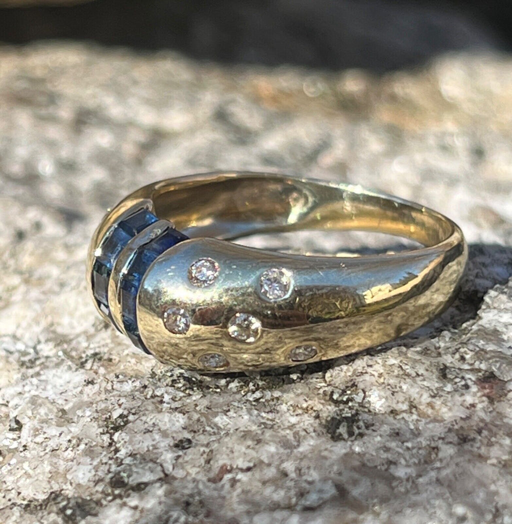 Vintage 14K Yellow Gold Sapphire Diamond Dome Ring. Ring band
