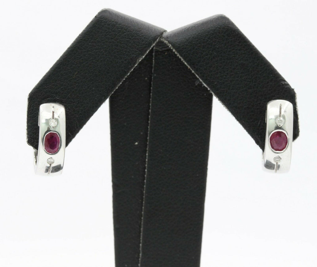 Cute 18K White Gold Natural Ruby Diamond Huggie Earrings