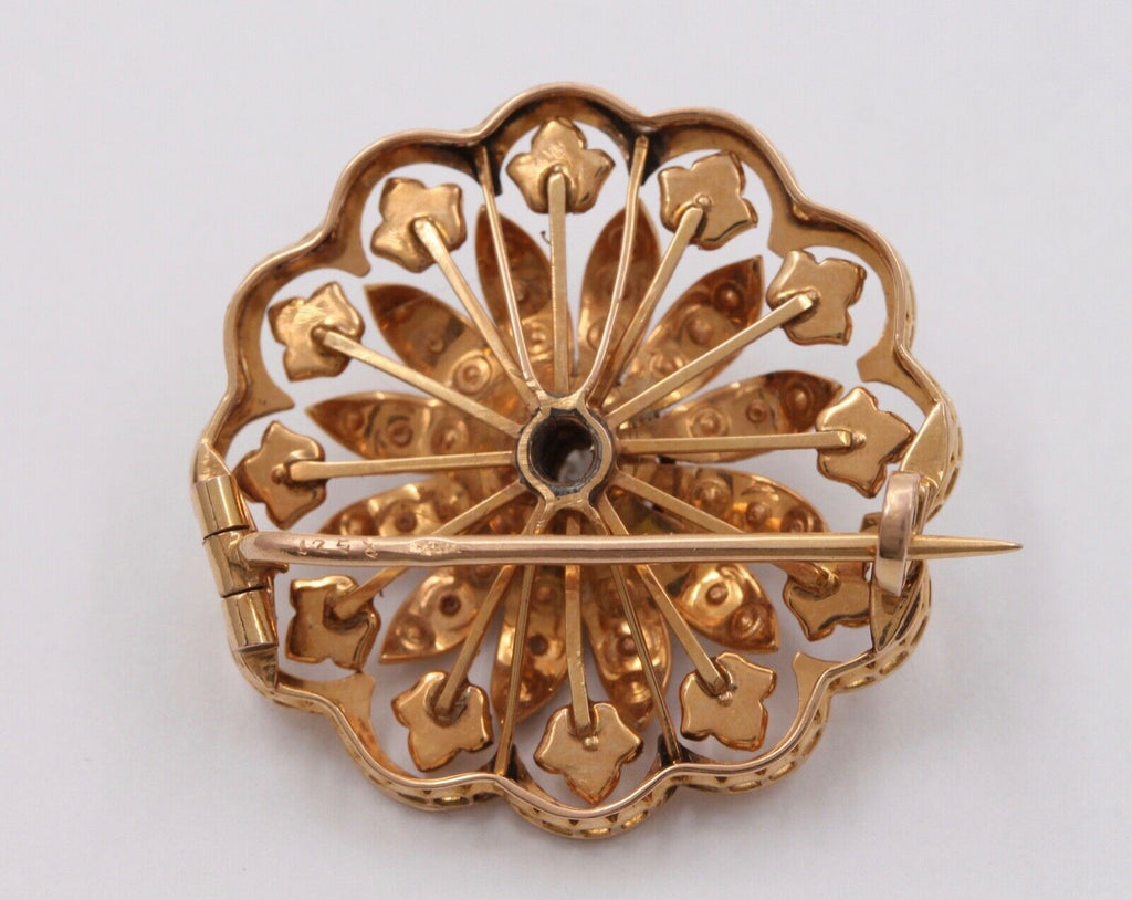 Victorian Starburst Diamond Seed Pearls 14K Yellow Gold Brooch Pin