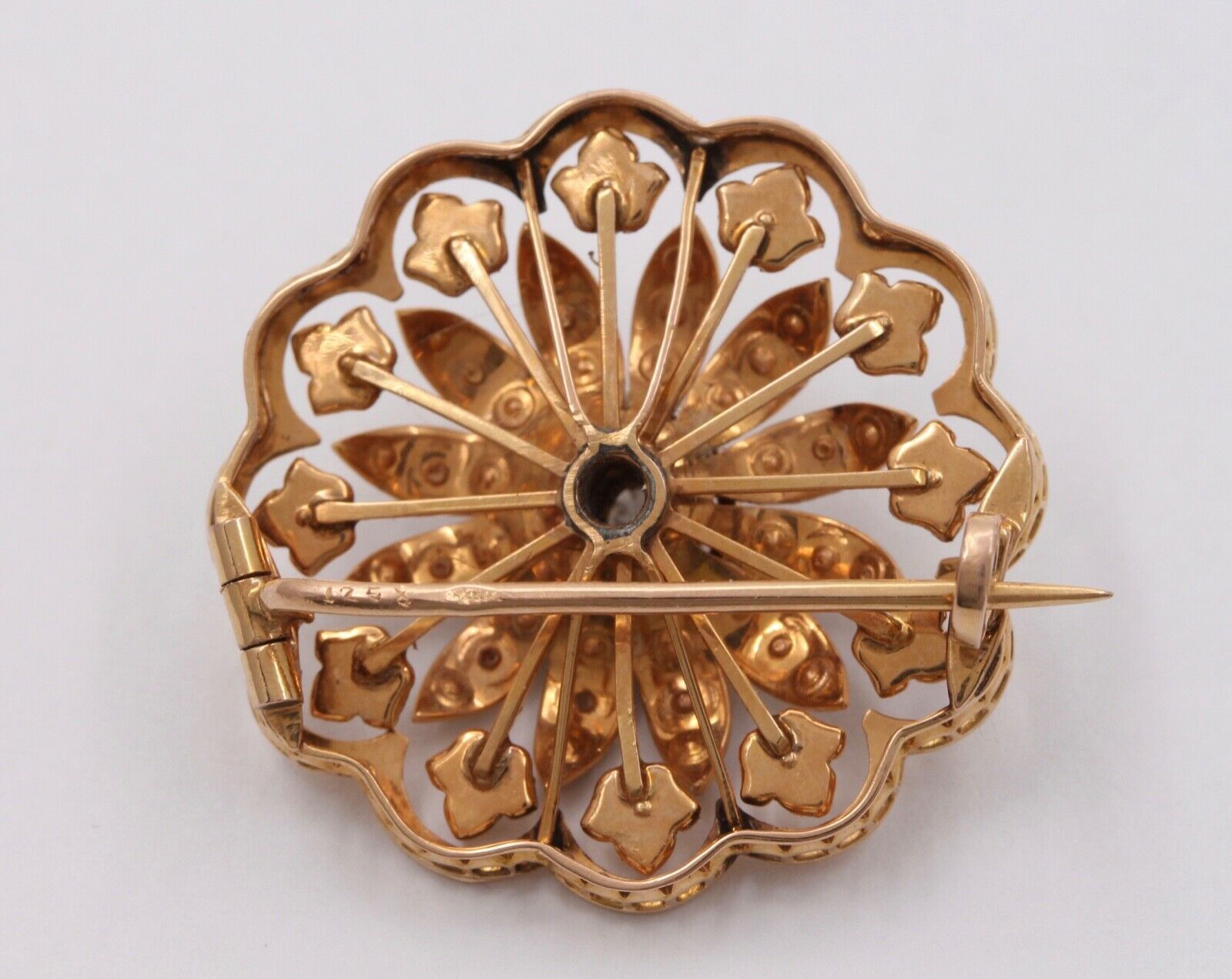 Victorian Starburst Diamond Seed Pearls 14K Yellow Gold Brooch Pin