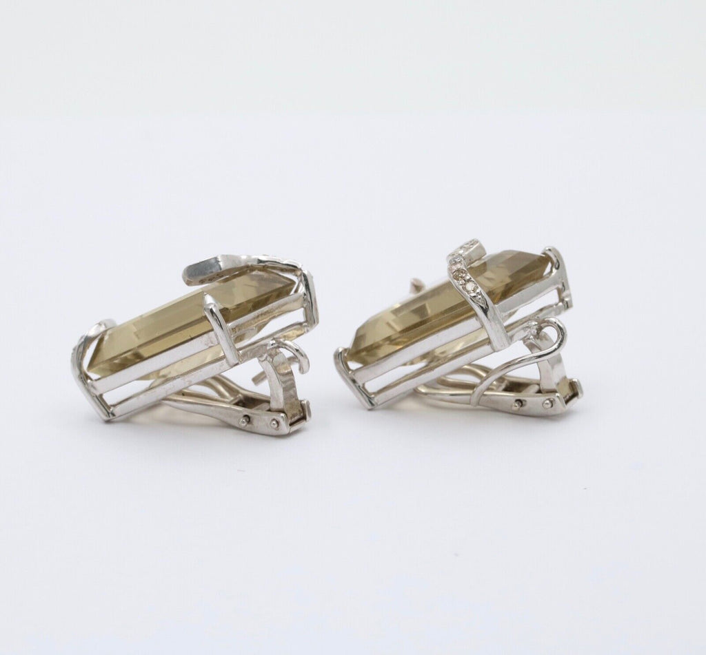 Vintage Modernist Snake Topaz and Diamond 18K White Gold Clip On Earrings
