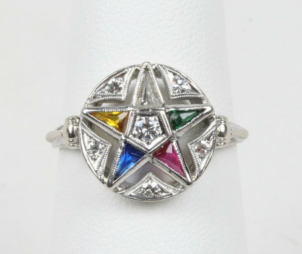 Art Deco Eastern Star 14K White Gold Diamonds Ruby Emerald Sapphire Topaz Ring