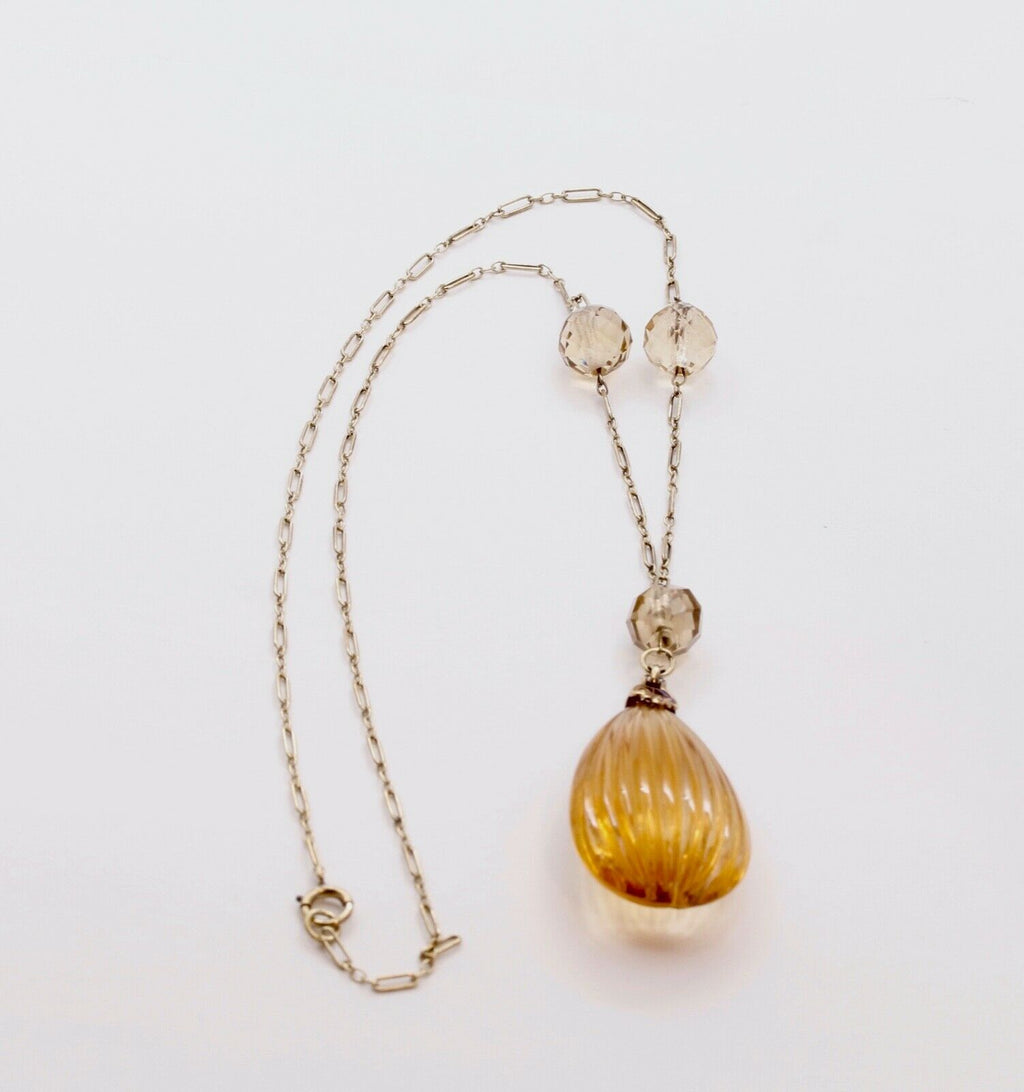 Edwardian Teardrop Citrine 14K Yellow Gold Pendant and Chain