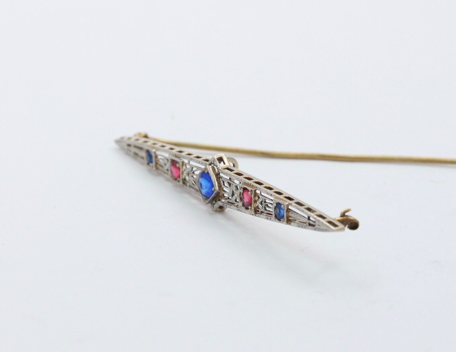 Art Deco 14K Sapphires Rubies Bar Brooch Pin