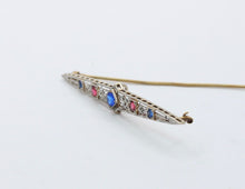 Load image into Gallery viewer, Art Deco 14K Sapphires Rubies Bar Brooch Pin
