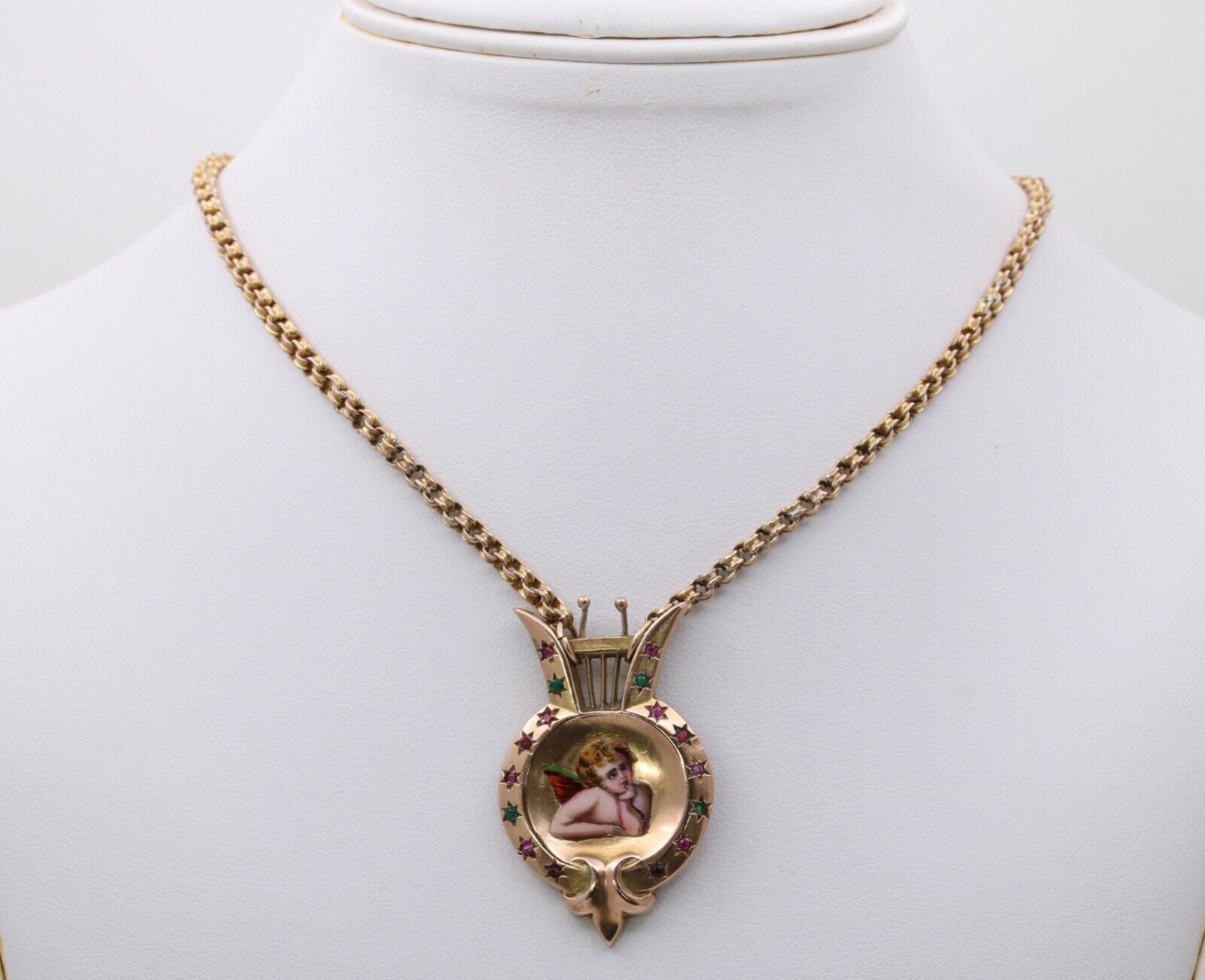 Victorian Enamel Cherub Emerald Ruby Garnet Amethyst 14K Pendant and Rolo Chain