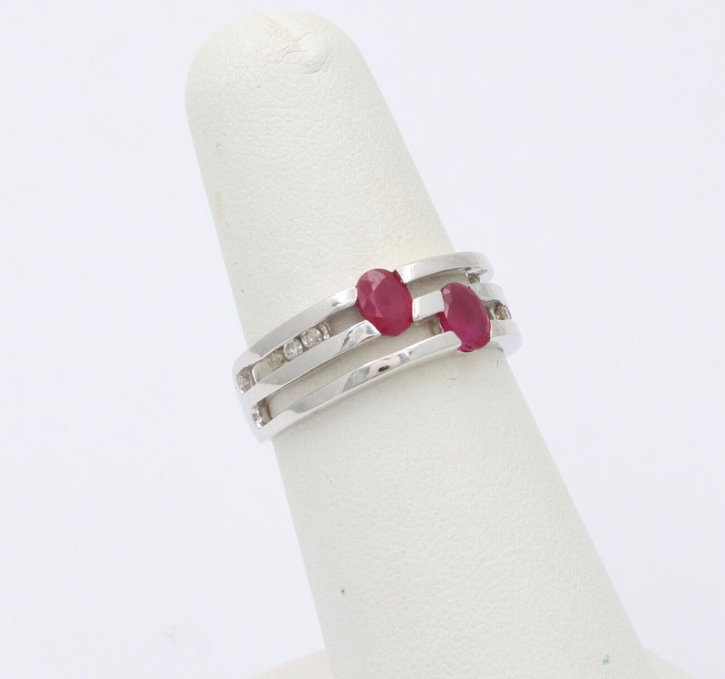 Vintage 14K White Gold Ruby & Diamond Ring Band, Stacking Ring.
