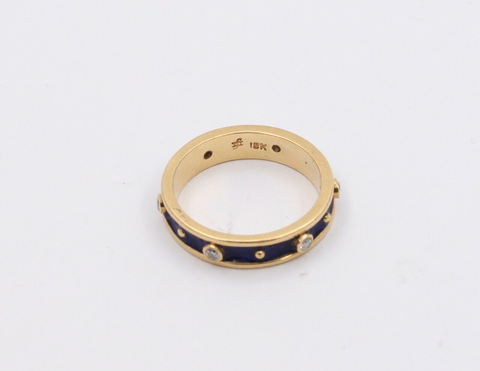 Vintage Ladies Diamonds 18K Yellow Gold Enamel Wedding Band Stacking Ring