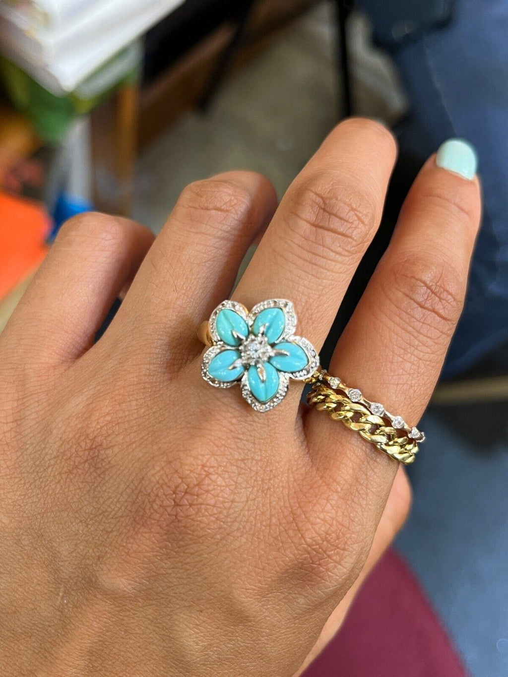 Vintage 18K Yellow Gold Turquoise & Diamond Flower RIng , Cocktail Ring