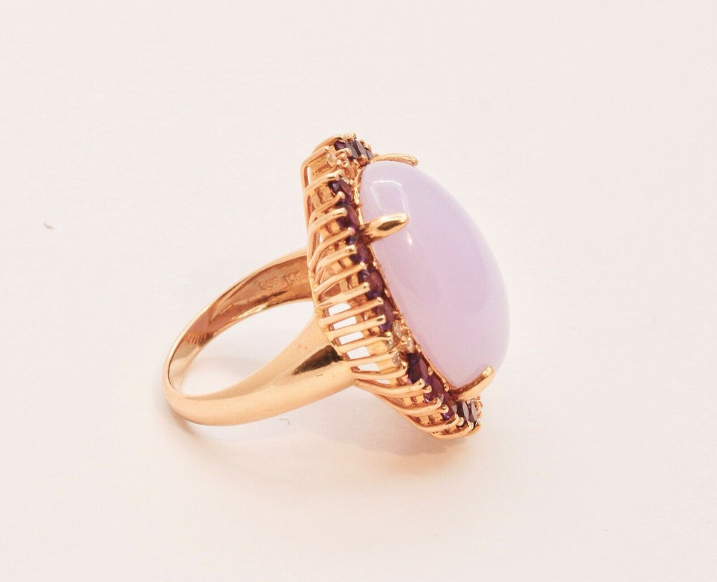 Vintage Statement Lavender Jade Amethyst Diamonds 14K Yellow Gold Ring