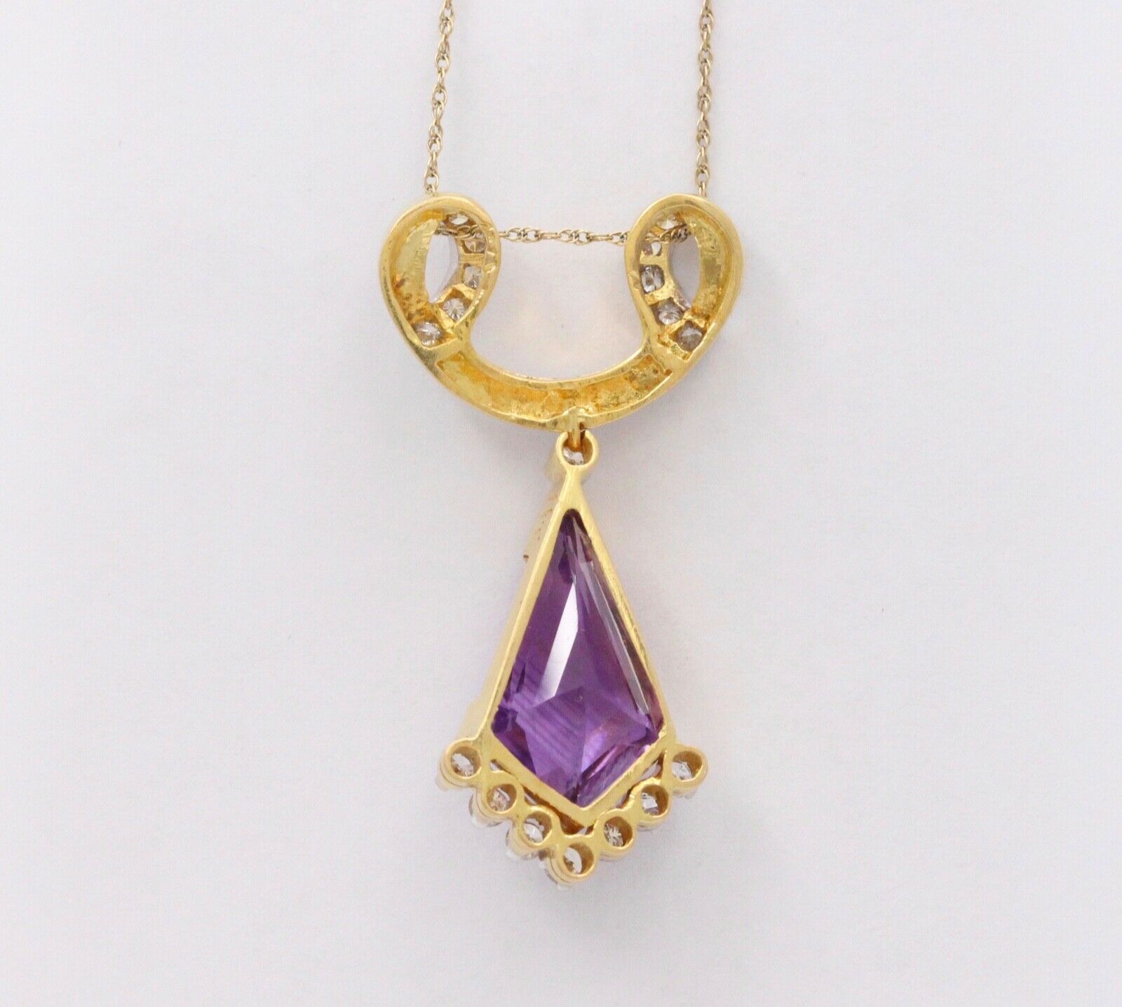 Vintage Geometric Amethyst Diamonds 18K Yellow Gold Platinum Pendant