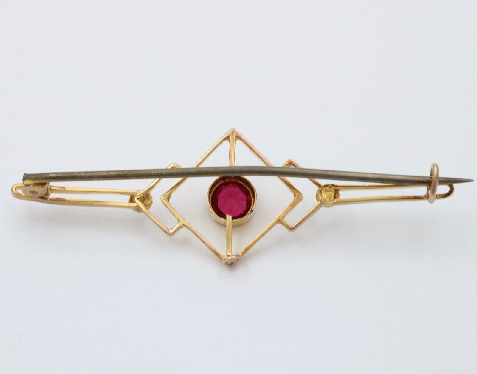 Art Deco 9K Yellow Gold Synthetic Pink Sapphire Pearls Brooch Pin