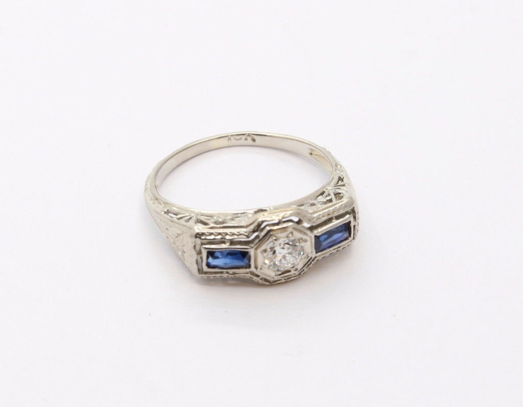 Art Deco 18K White Gold Diamond & Synthetic Sapphire Ring