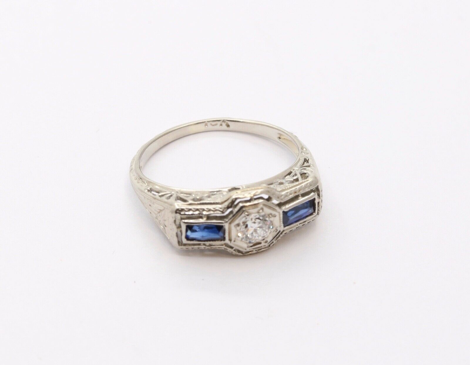 Art Deco 18K White Gold Diamond & Synthetic Sapphire Ring