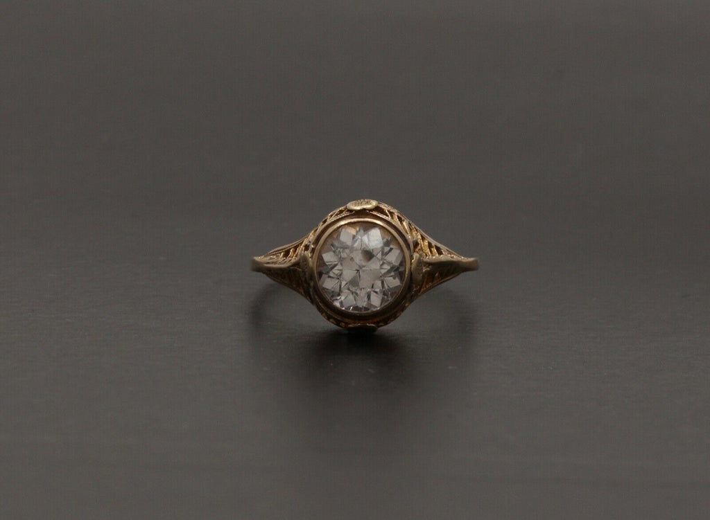 Antique Art Deco Paste Filigree 14K Yellow Gold Ring, Engagement Ring