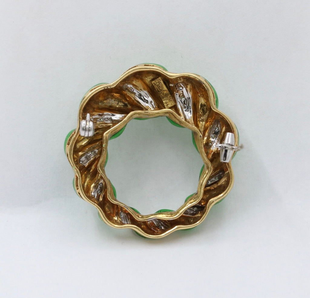 Vintage 18K Yellow Gold Diamond Green Enamel Wreath Brooch