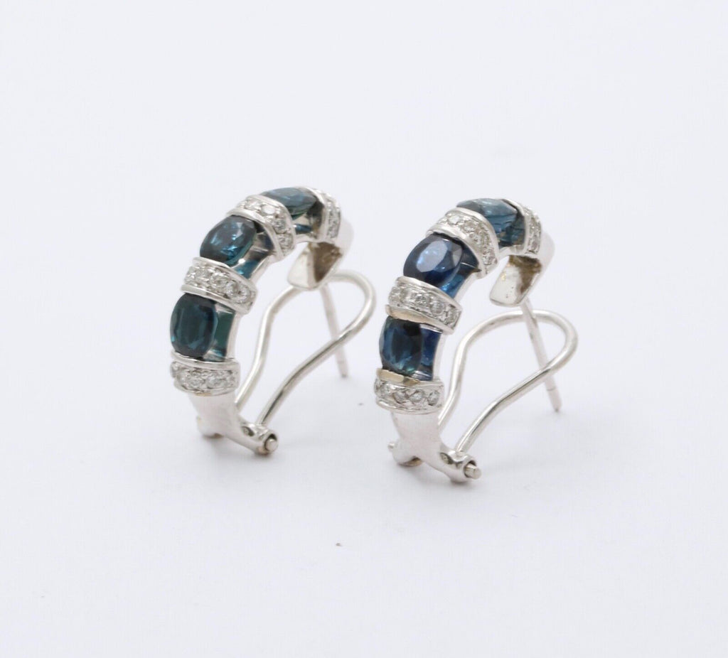 Vintage Blue Sapphire Diamonds 14K White Gold Earrings