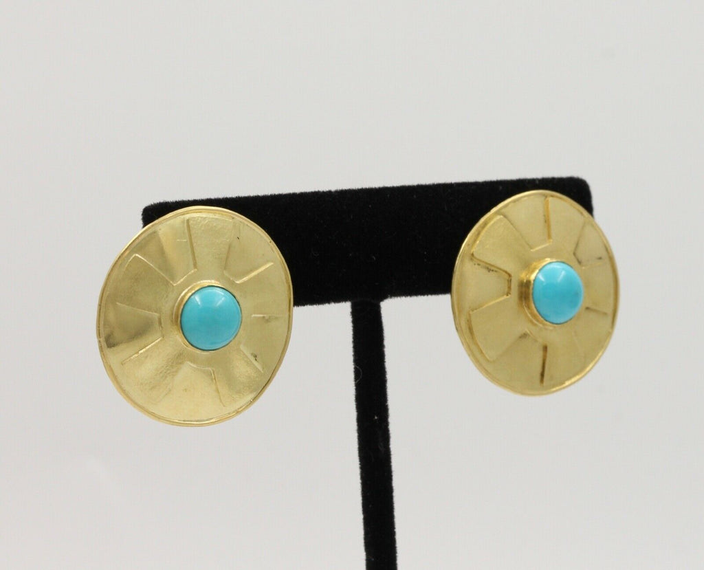 Vintage Natural Turquoise Funky Disk 18K Gold Post Back Earrings