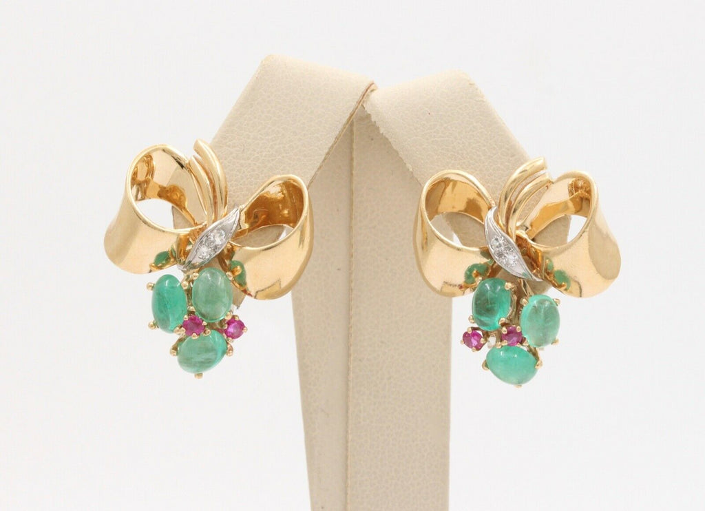 Vintage Bow Emeralds Rubies Diamonds 14K Yellow Gold Earrings