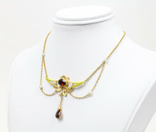 Load image into Gallery viewer, Art Nouveau Pendant Chain Garnet Natural Pearls Diamonds 14K Yellow Gold
