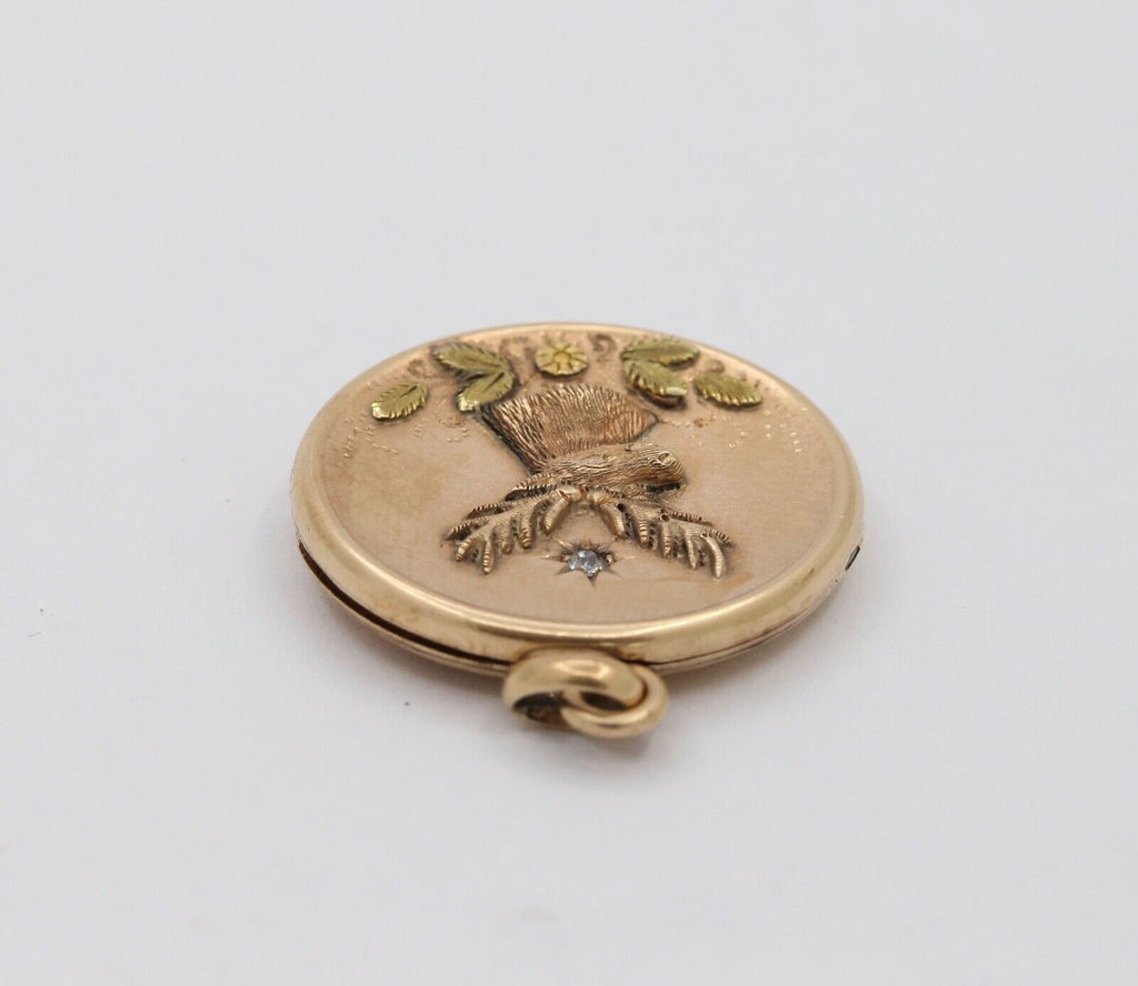 Vintage Locket Pendant Diamond 10K Rose Yellow Gold Elk