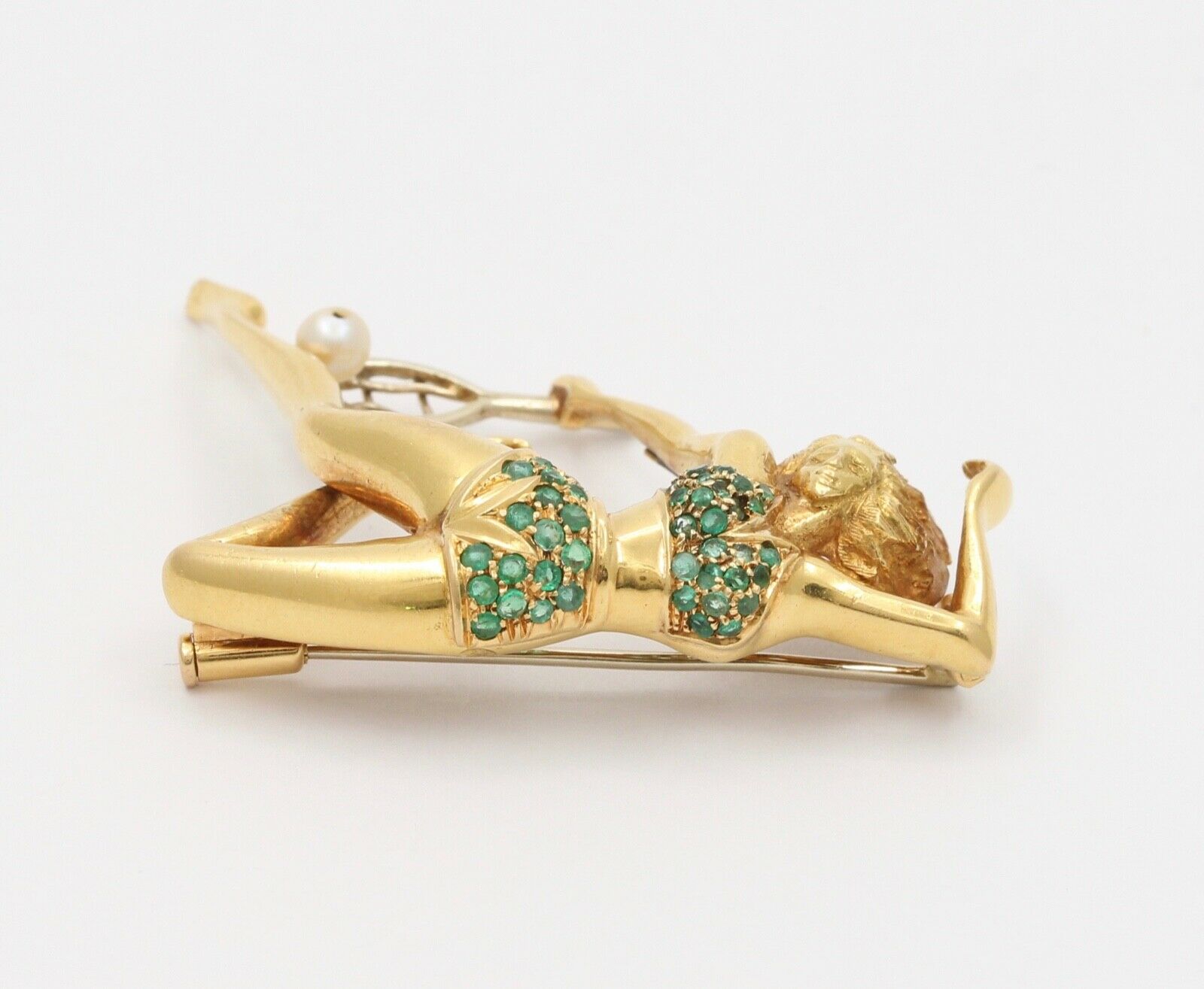 Italian Tennis Player Emeralds Pearl 18K Yellow Gold Brooch