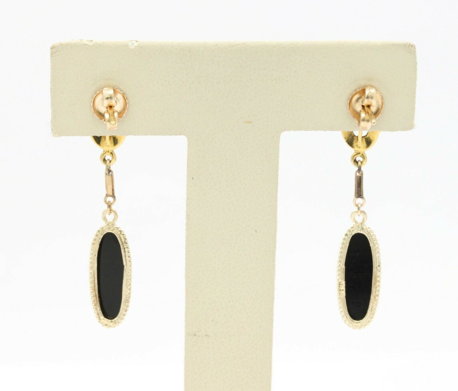 Vintage 14/18K Yellow Gold Enamel Onyx Diamond Hanging Earrings