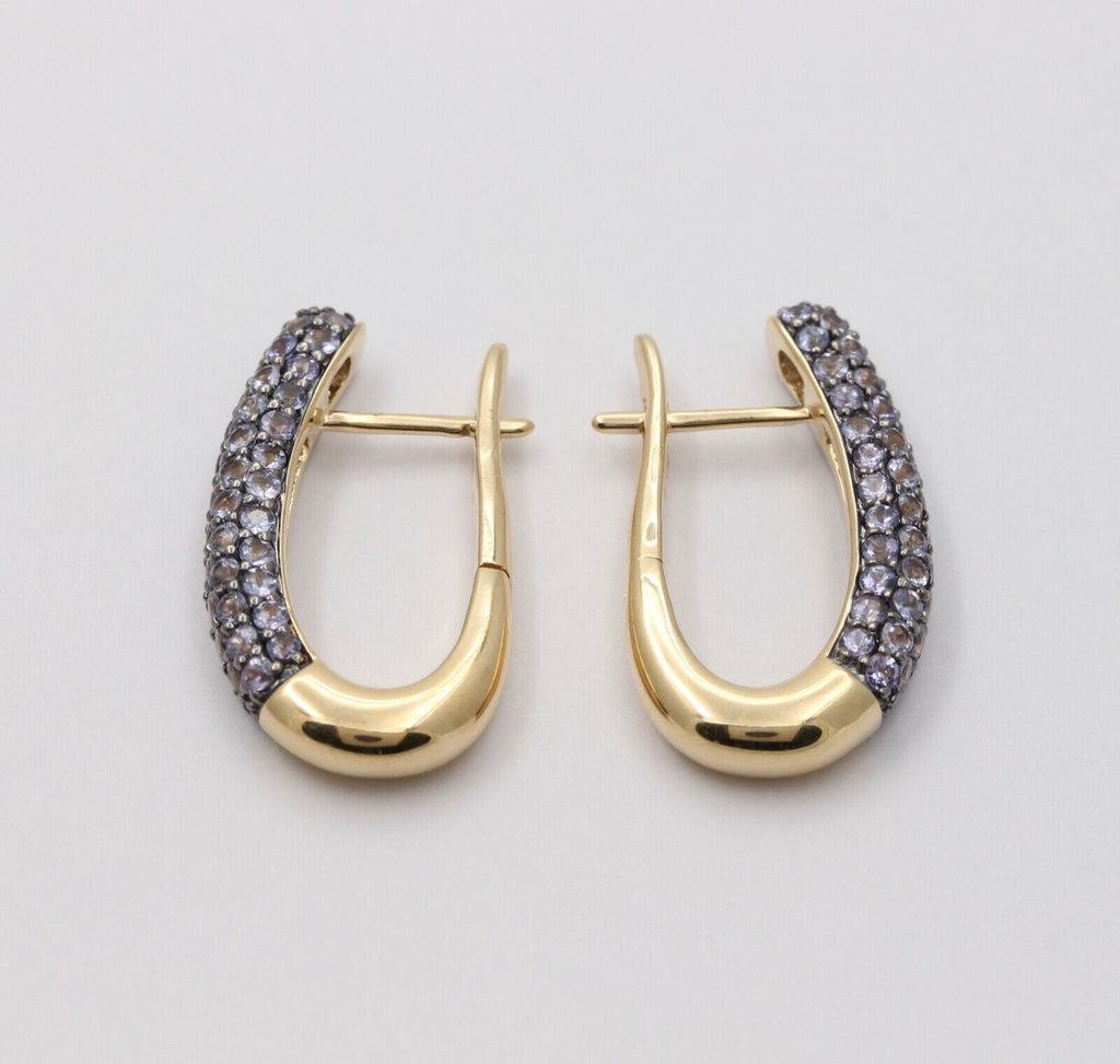 Vintage Pave Tanzanite Hoop 14K Yellow Gold Earrings. Estate Jewelry.