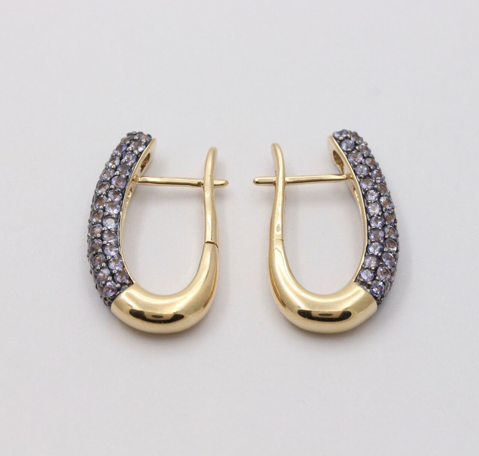 Vintage Pave Tanzanite Hoop 14K Yellow Gold Earrings. Estate Jewelry.
