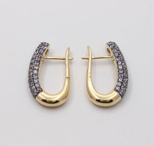 Load image into Gallery viewer, Vintage Pave Tanzanite Hoop 14K Yellow Gold Earrings. Estate Jewelry.
